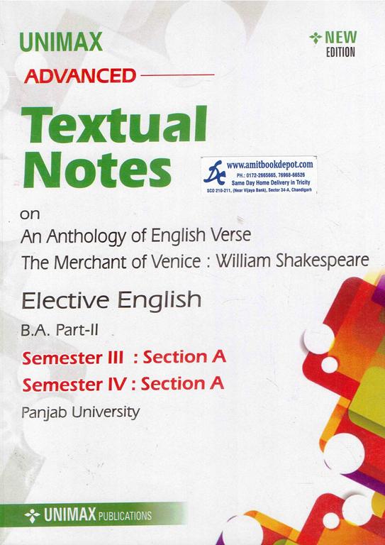 Unimax Advanced Textual Notes on An Anthology of English Verse Elective English BA 3rd and 4th Sem PU Chandigarh