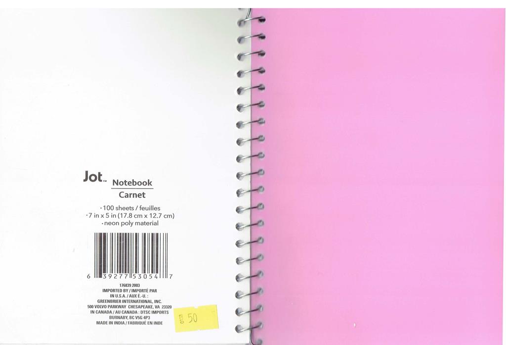 Jot Notebook Carnet Spiral Dairy (100 Sheets) (Size 7 x 5 inch)